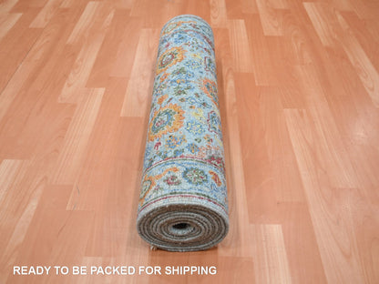 Blue 2'6" x 11'10" Oushak And Peshawar Hand knotted Wool Rug - Sku: O075812