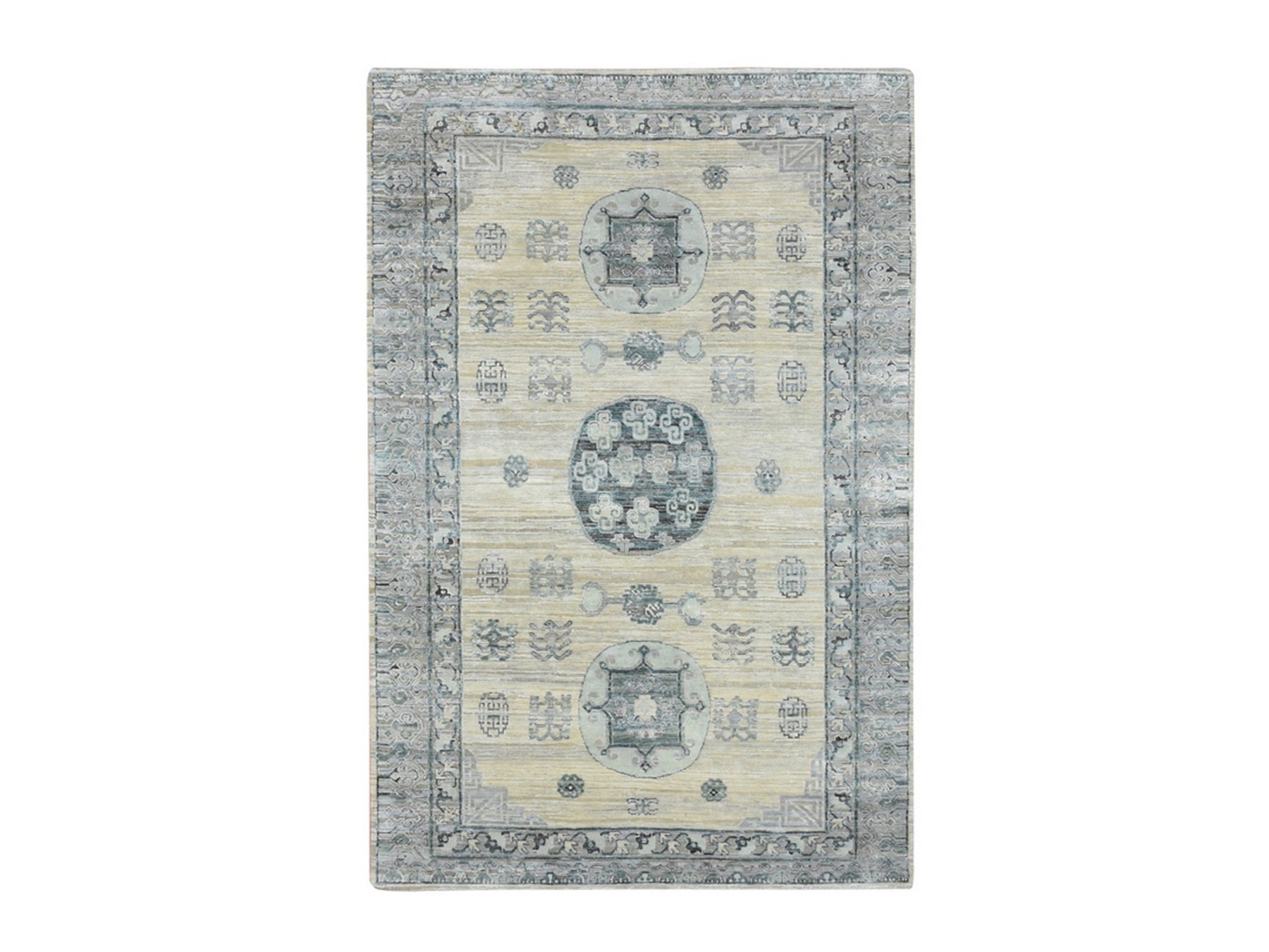 Beige 6'1" x 9'3" Khotan and Samarkand Hand knotted Silk Rug - Sku: O075834