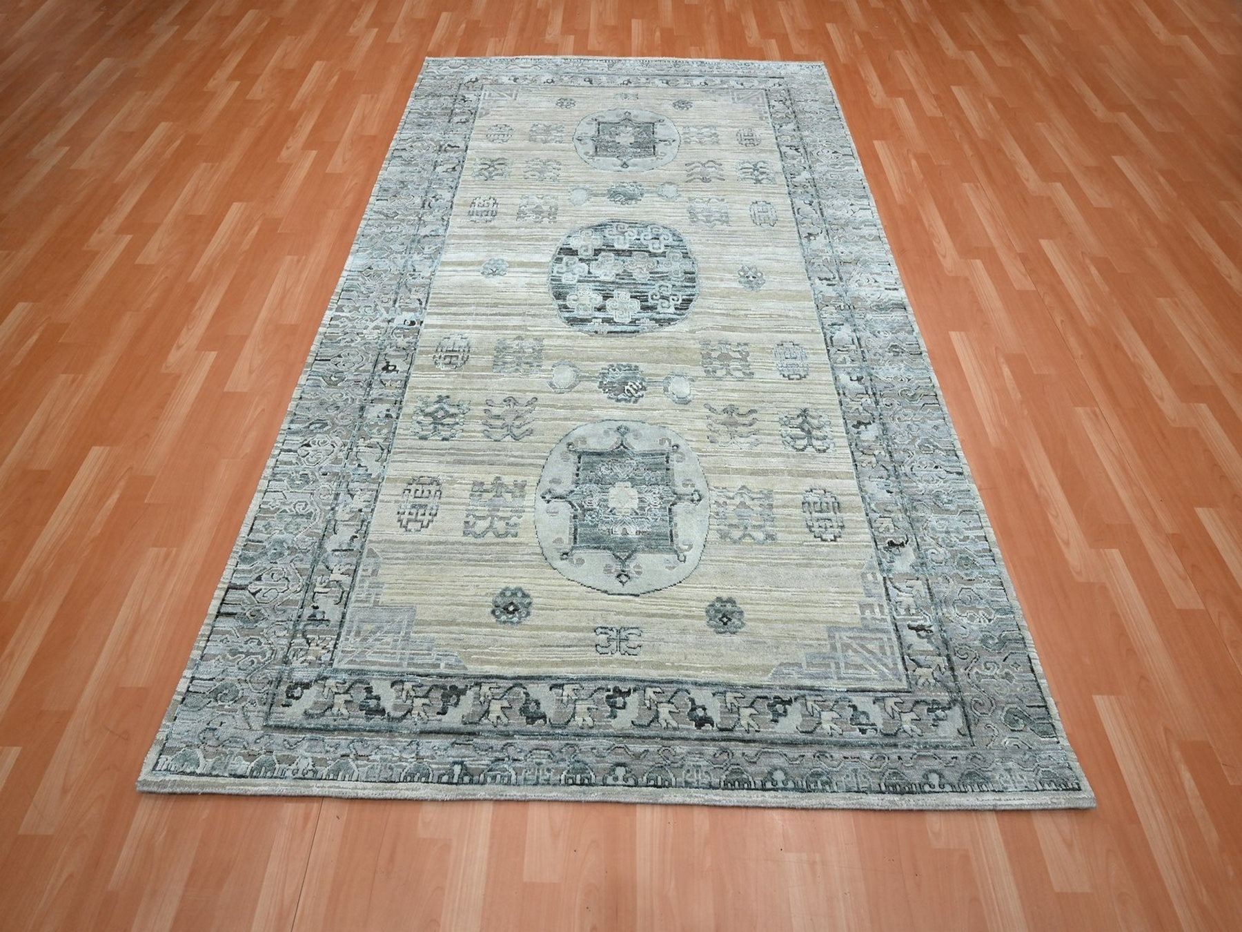 Beige 6'1" x 9'3" Khotan and Samarkand Hand knotted Silk Rug - Sku: O075834