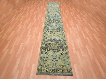 Green 2'7" x 13'9" Transitional Hand knotted Wool Rug - Sku: O075844