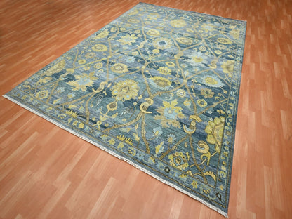 Blue 9'1" x 12'0" Oushak And Peshawar Hand knotted Wool Rug - Sku: O075865