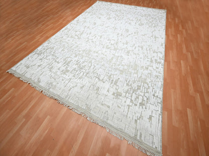 Ivory 10'0" x 14'0" Modern and Contemporary Hand knotted Silk Rug - Sku: O075873