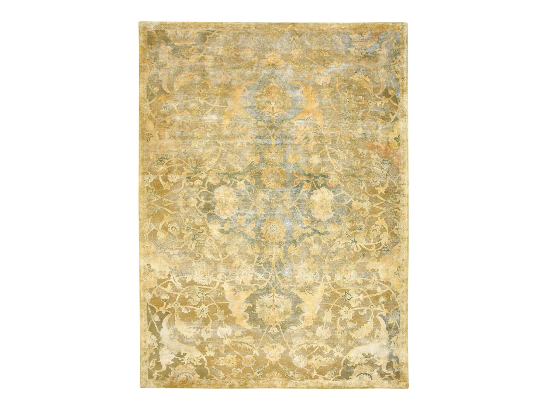 Silk hand-knotted silk rug in Yellow, 8'11" x 12'3" — SKU O075893