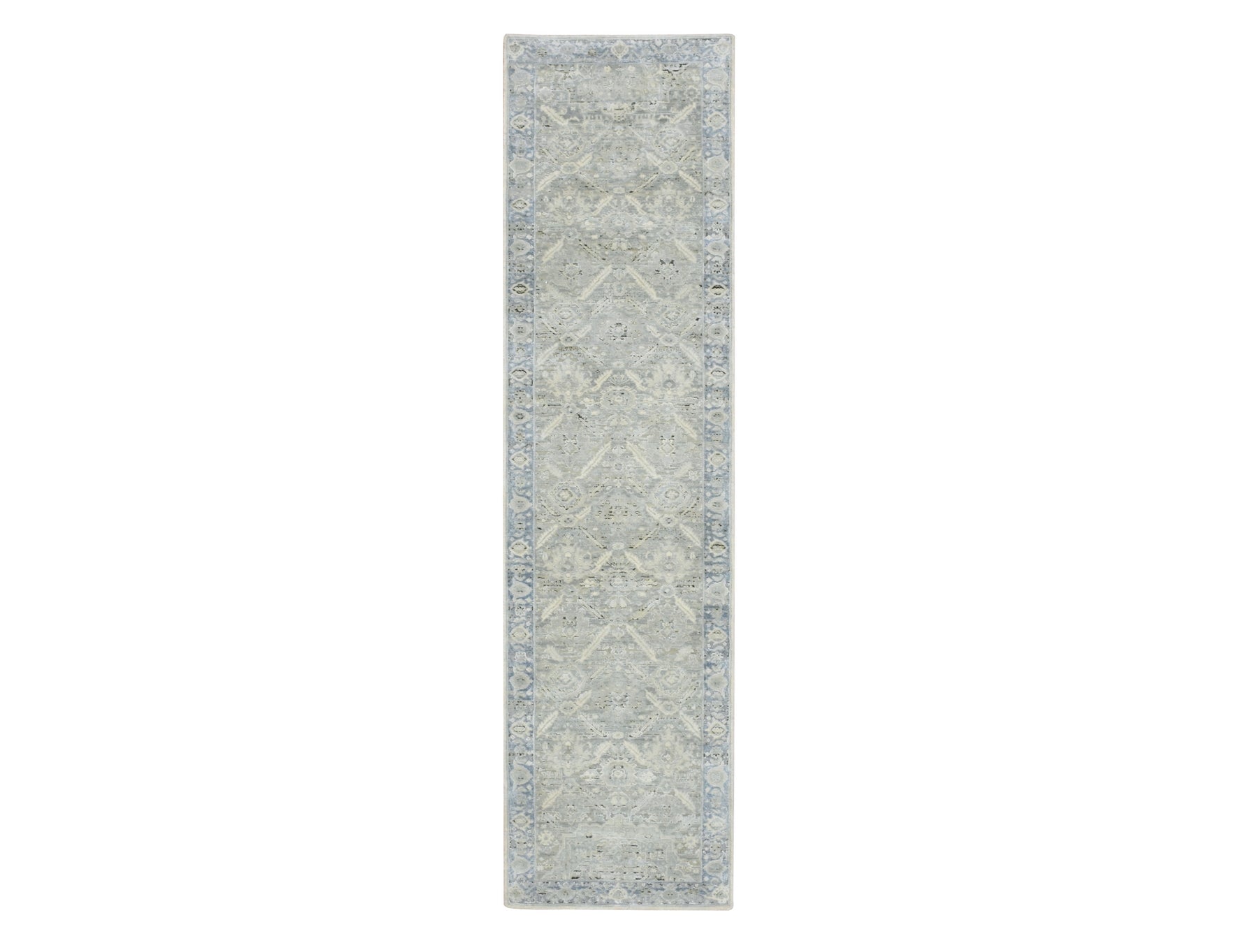 Oushak Oushak hand-knotted silk runner in Gray & Blue, 2'7" x 10'1" — SKU O075907