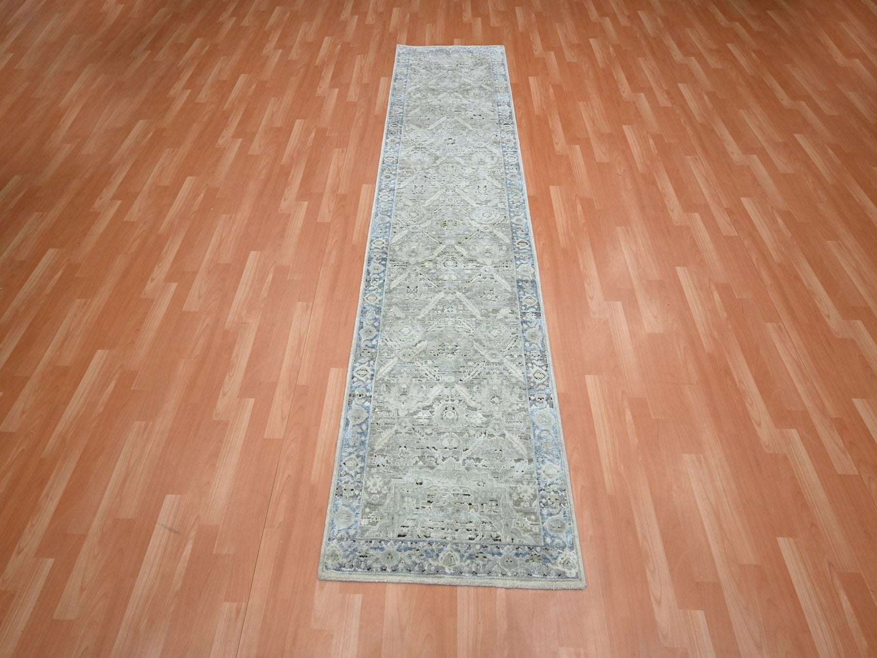 Oushak Oushak hand-knotted silk runner in Gray & Blue, 2'7" x 10'1" — SKU O075907 (view 2)