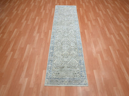 Grey 2'6" x 8'0" Oushak And Peshawar Hand knotted Silk Rug - Sku: O075909