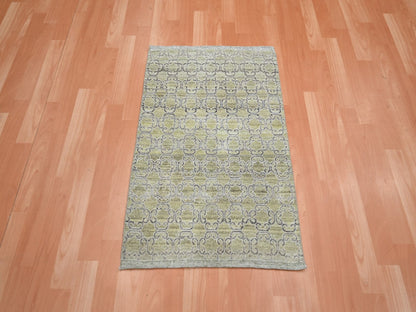 Green 2'0" x 3'0" Khotan and Samarkand Hand knotted Silk Rug - Sku: O075921