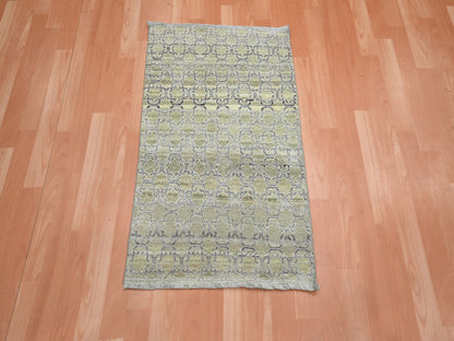 Green 2'0" x 3'0" Khotan and Samarkand Hand knotted Silk Rug - Sku: O075923