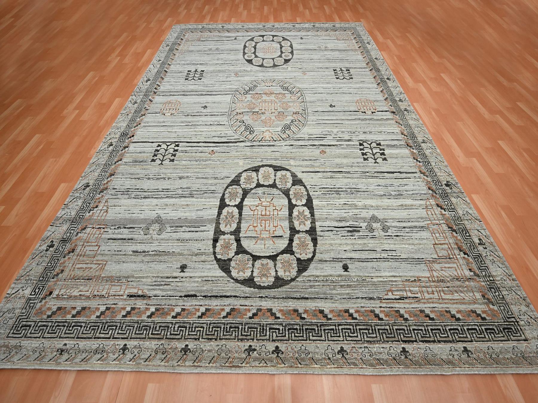 Grey 8'11" x 12'4" Khotan and Samarkand Hand knotted Silk Rug - Sku: O075931