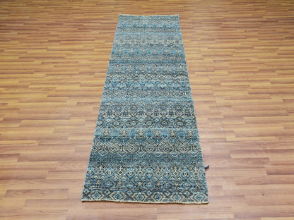 Modern / Contemporary hand-knotted wool runner in Blue, 2'6" x 8'0", SKU O076008