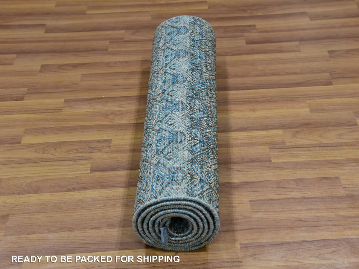 Modern / Contemporary hand-knotted wool runner in Blue, 2'6" x 8'0", SKU O076008
