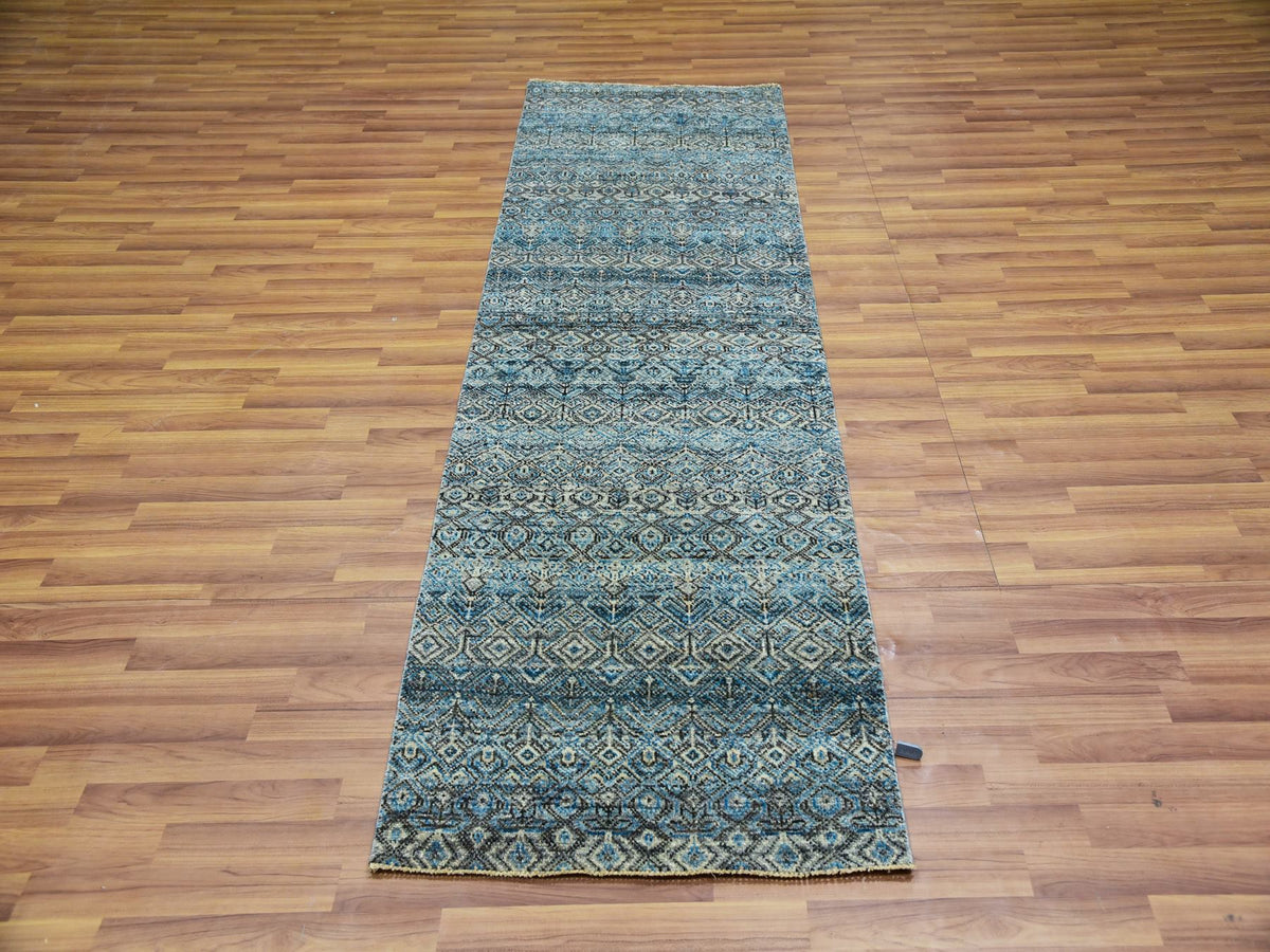 Modern / Contemporary hand-knotted wool runner in Blue, 2'6" x 8'0", SKU O076009