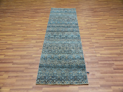 Modern / Contemporary hand-knotted wool runner in Blue, 2'6" x 8'0", SKU O076009