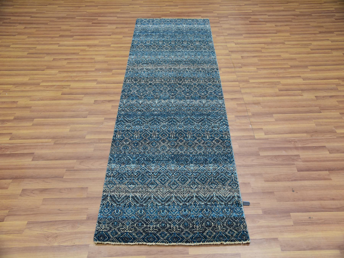 Modern / Contemporary hand-knotted wool runner in Blue, 2'8" x 8'1", SKU O076014