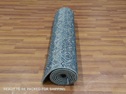 Modern / Contemporary hand-knotted wool runner in Blue, 2'8" x 8'1", SKU O076014