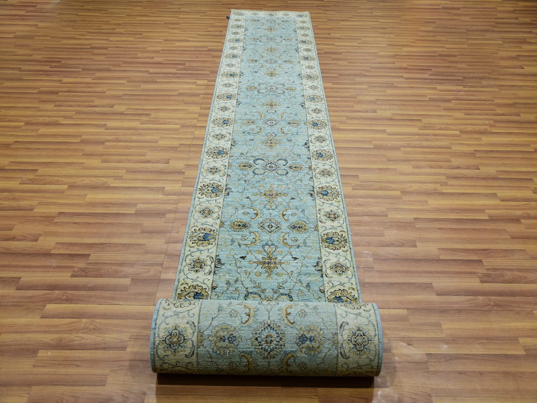 Agra Oushak / Peshawar hand-knotted wool runner in Blue, 2'6" x 25'8", SKU O076037