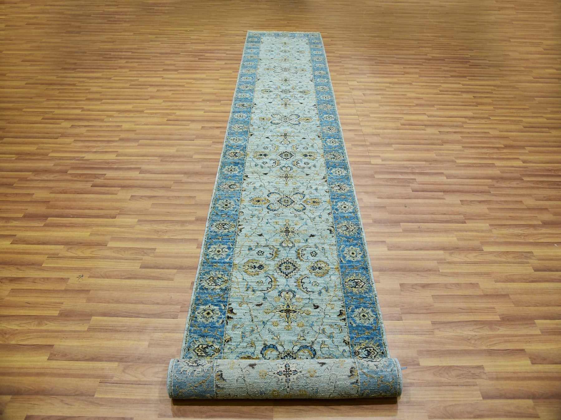 Agra Oushak / Peshawar hand-knotted wool runner in Blue, 2'9" x 16'1", SKU O076051