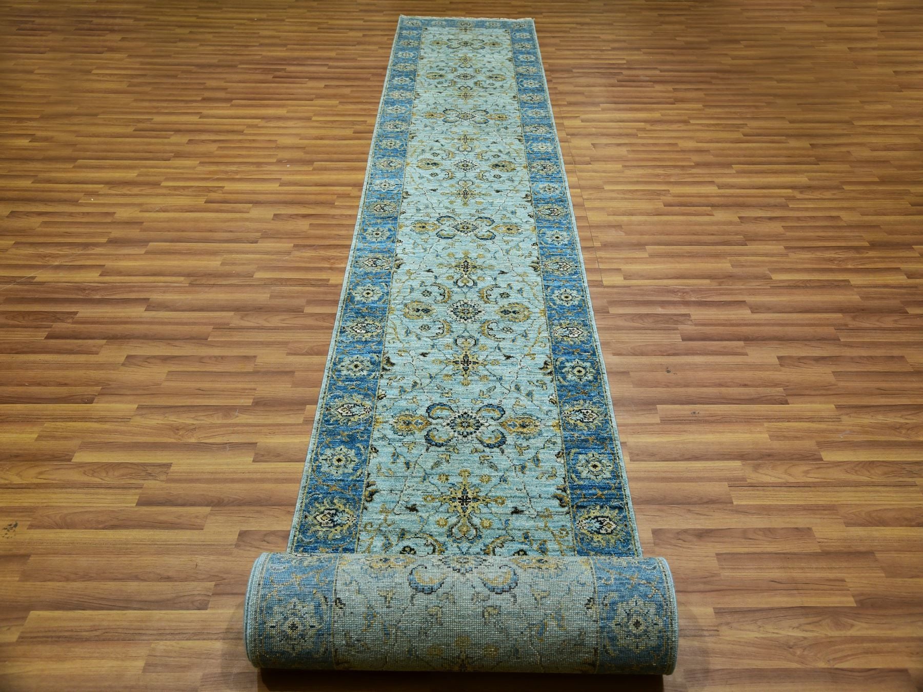 Agra Oushak / Peshawar hand-knotted wool runner in Blue, 2'8" x 24'1", SKU O076053