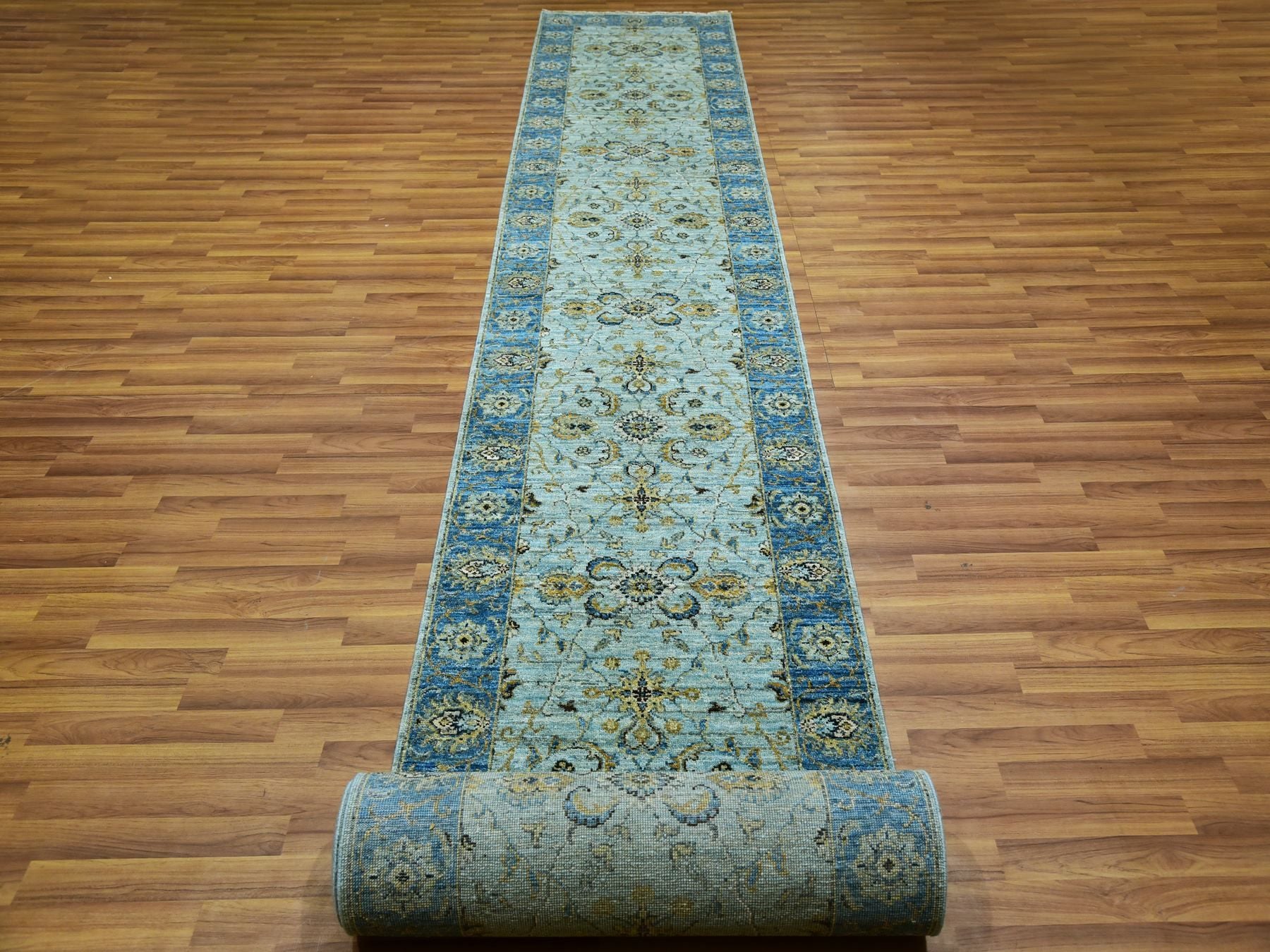 Agra Oushak / Peshawar hand-knotted wool runner in Blue, 2'8" x 29'10", SKU O076054