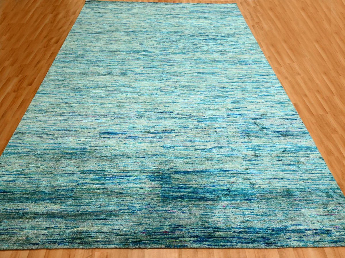 Modern / Contemporary hand-knotted silk rug in Blue, 8'7" x 12'2", SKU O076074