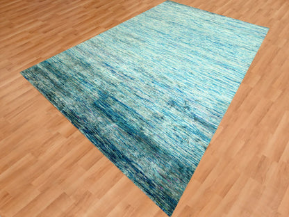 Modern / Contemporary hand-knotted silk rug in Blue, 8'7" x 12'2", SKU O076074