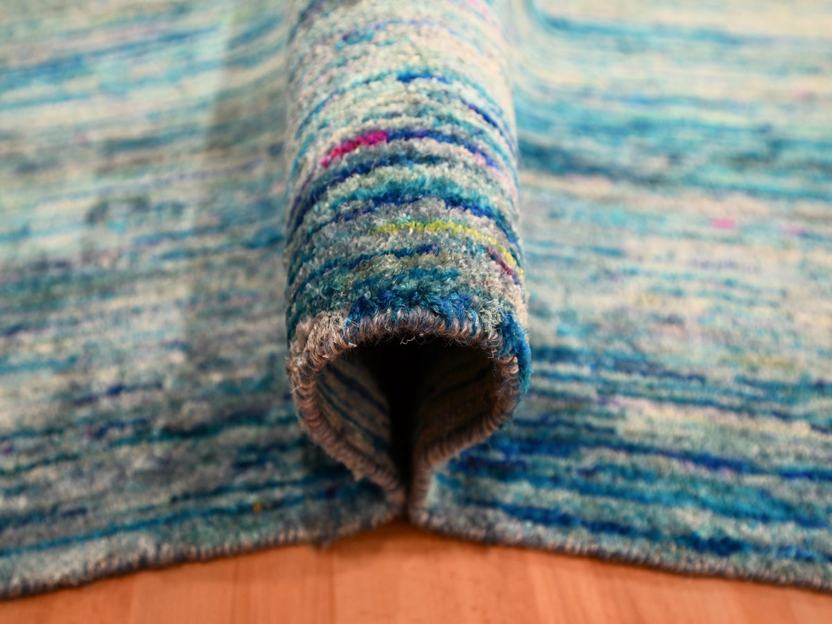 Modern / Contemporary hand-knotted silk rug in Blue, 8'7" x 12'2", SKU O076074