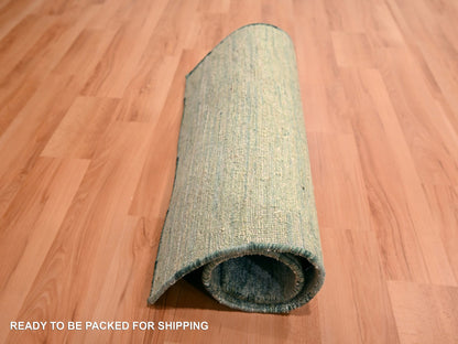 Modern / Contemporary hand-knotted silk rug in Green, 2'0" x 3'0", SKU O076099