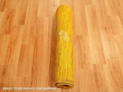 Yellow 2'0" x 3'0" Modern / Contemporary Hand knotted Silk Rug - Sku: O076105