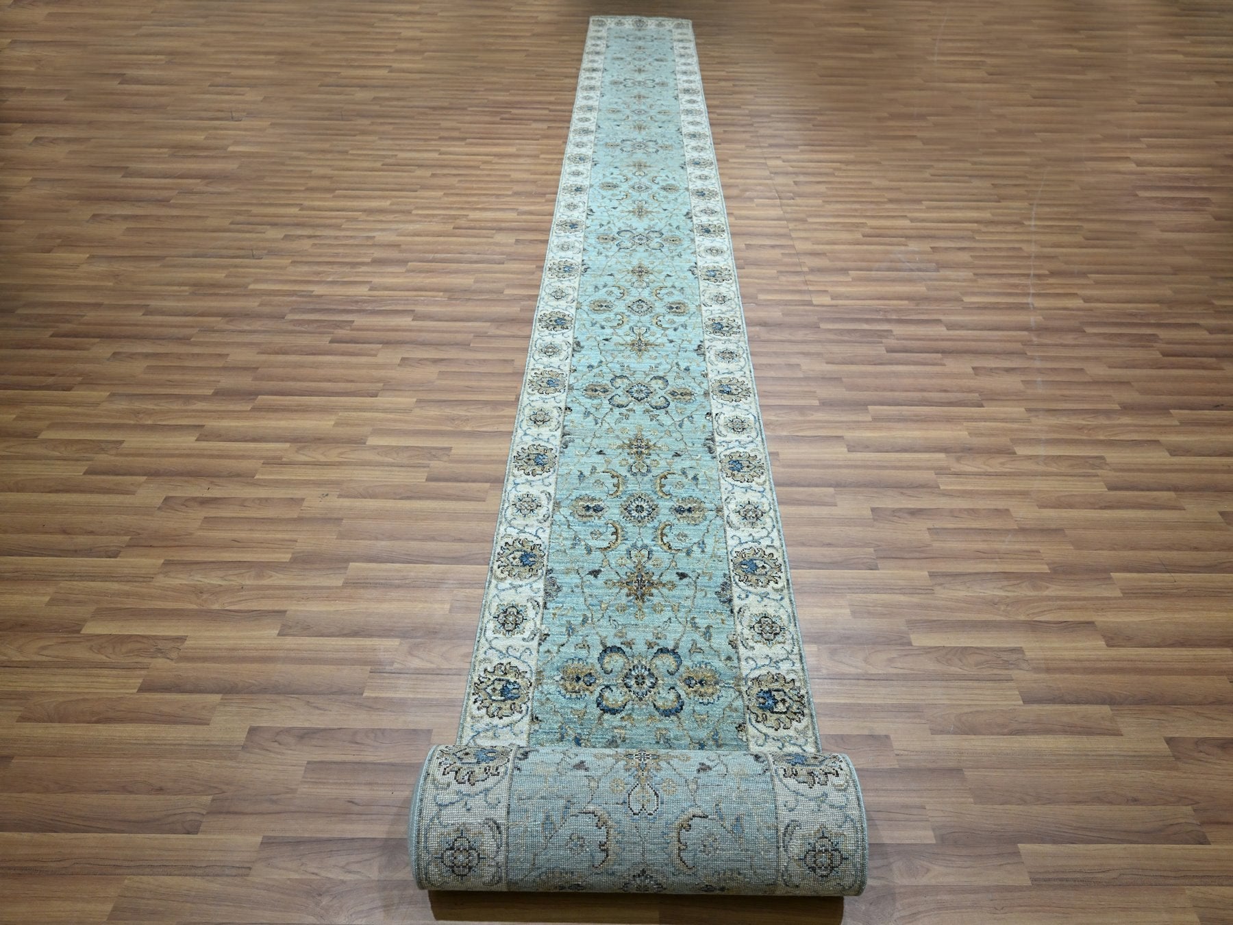 Agra Oushak / Peshawar hand-knotted wool runner in Blue, 2'6" x 29'10", SKU O076111