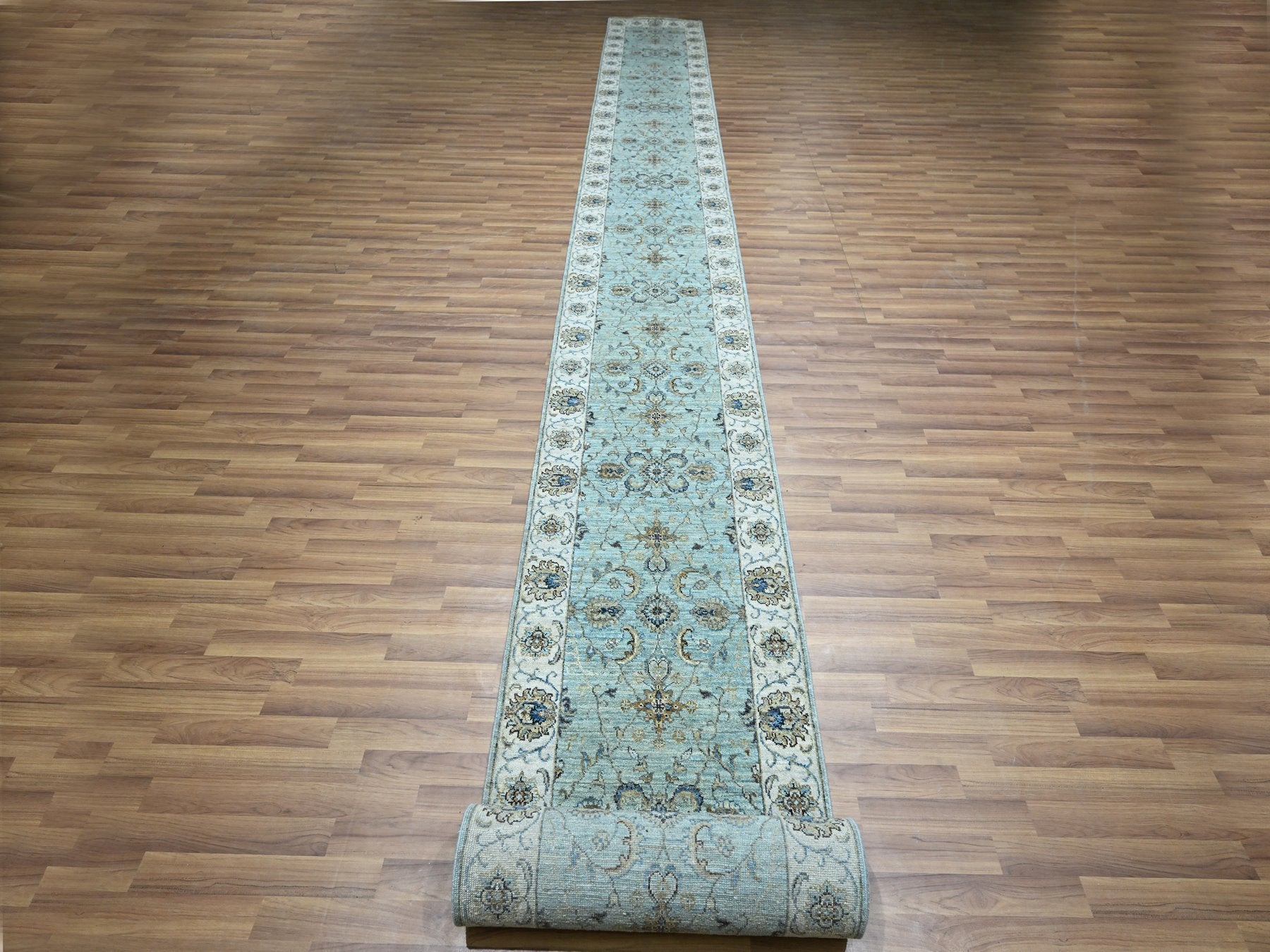 Agra Oushak / Peshawar hand-knotted wool runner in Blue, 2'6" x 25'7", SKU O076112