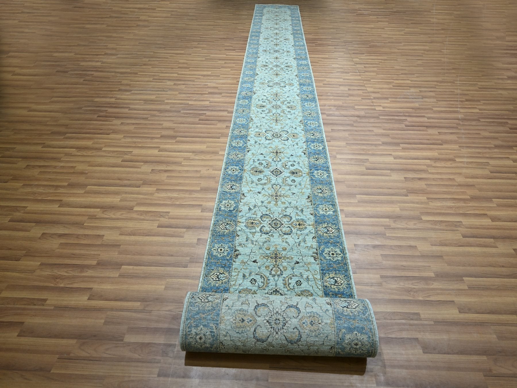 Agra Oushak / Peshawar hand-knotted wool runner in Blue, 2'9" x 29'10", SKU O076124
