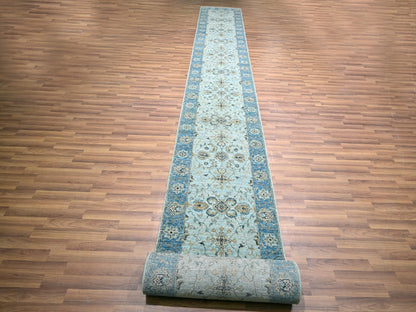 Blue 2'7" x 25'9" Oushak And Peshawar Hand knotted Wool Rug - Sku: O076125