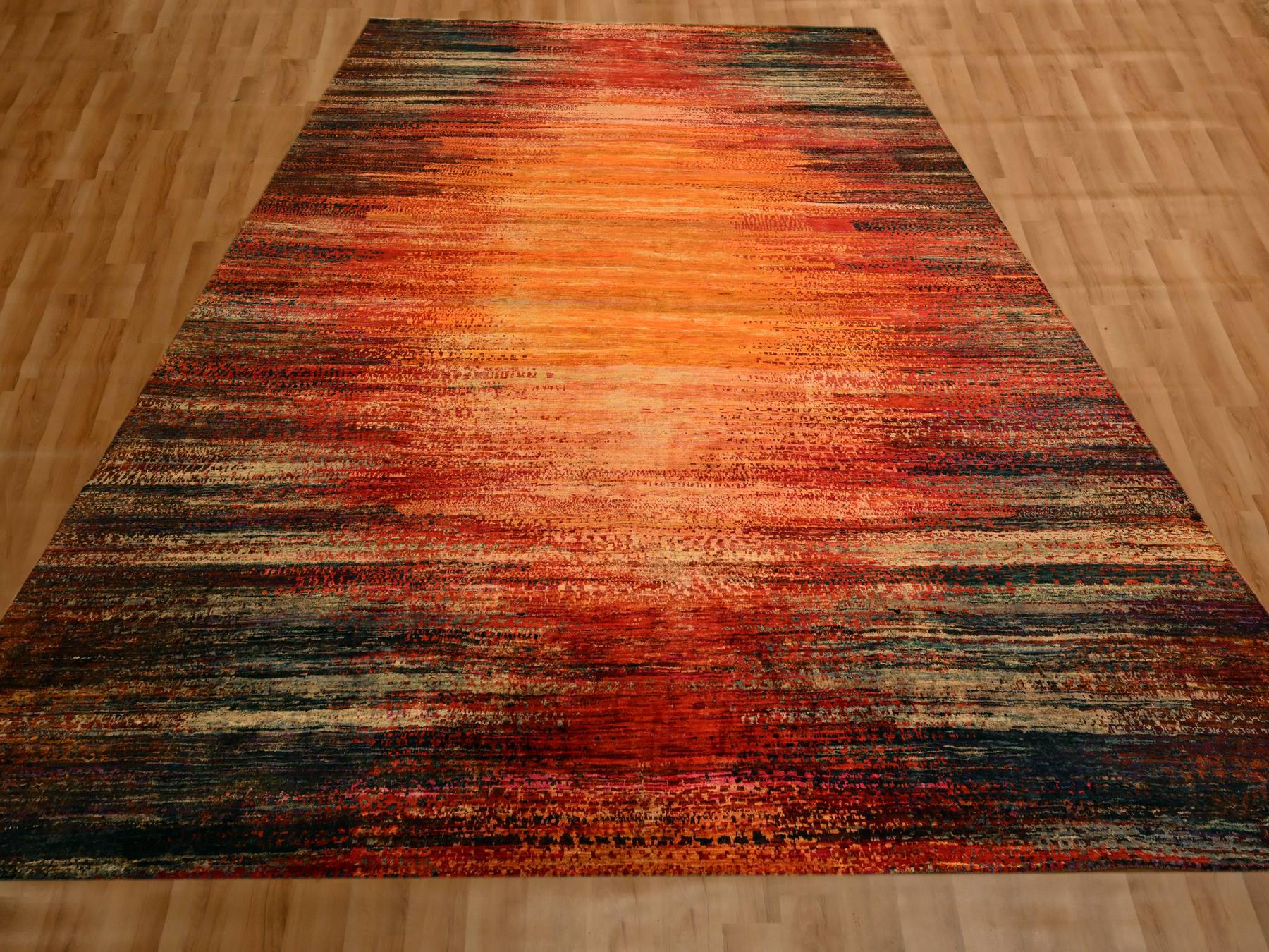 Modern / Contemporary hand-knotted sari silk rug in Yellow, 9'10" x 14'1" — SKU O076172 (view 2)