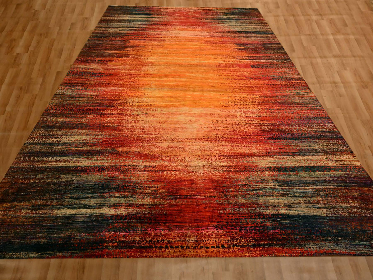 Modern / Contemporary hand-knotted sari silk rug in Yellow, 9'10" x 14'1" — SKU O076172 (view 2)
