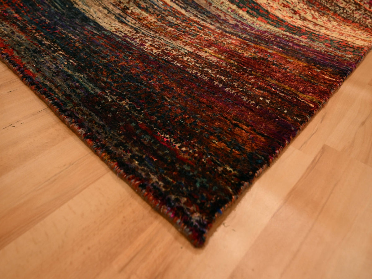 Modern / Contemporary hand-knotted sari silk rug in Yellow, 9'10" x 14'1" — SKU O076172 (view 6)