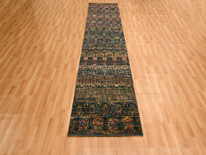 Black 2'6" x 10'11" Modern and Contemporary Hand knotted Wool/Silk Rug - Sku: O076206