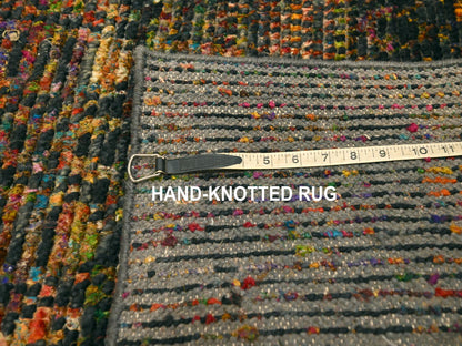 Black 2'6" x 10'11" Modern and Contemporary Hand knotted Wool/Silk Rug - Sku: O076206