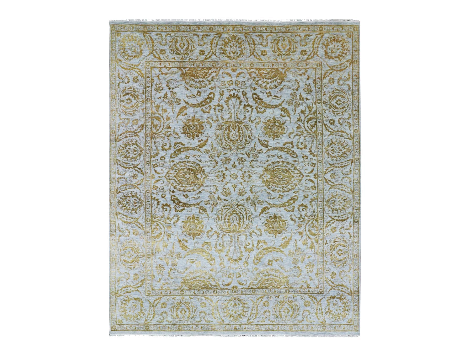 Transitional hand-knotted wool/silk rug in Blue, 8' x 9'11" — SKU O076308