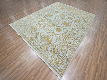 Blue 8'0" x 9'11" Transitional Hand knotted Wool/Silk Rug - Sku: O076308