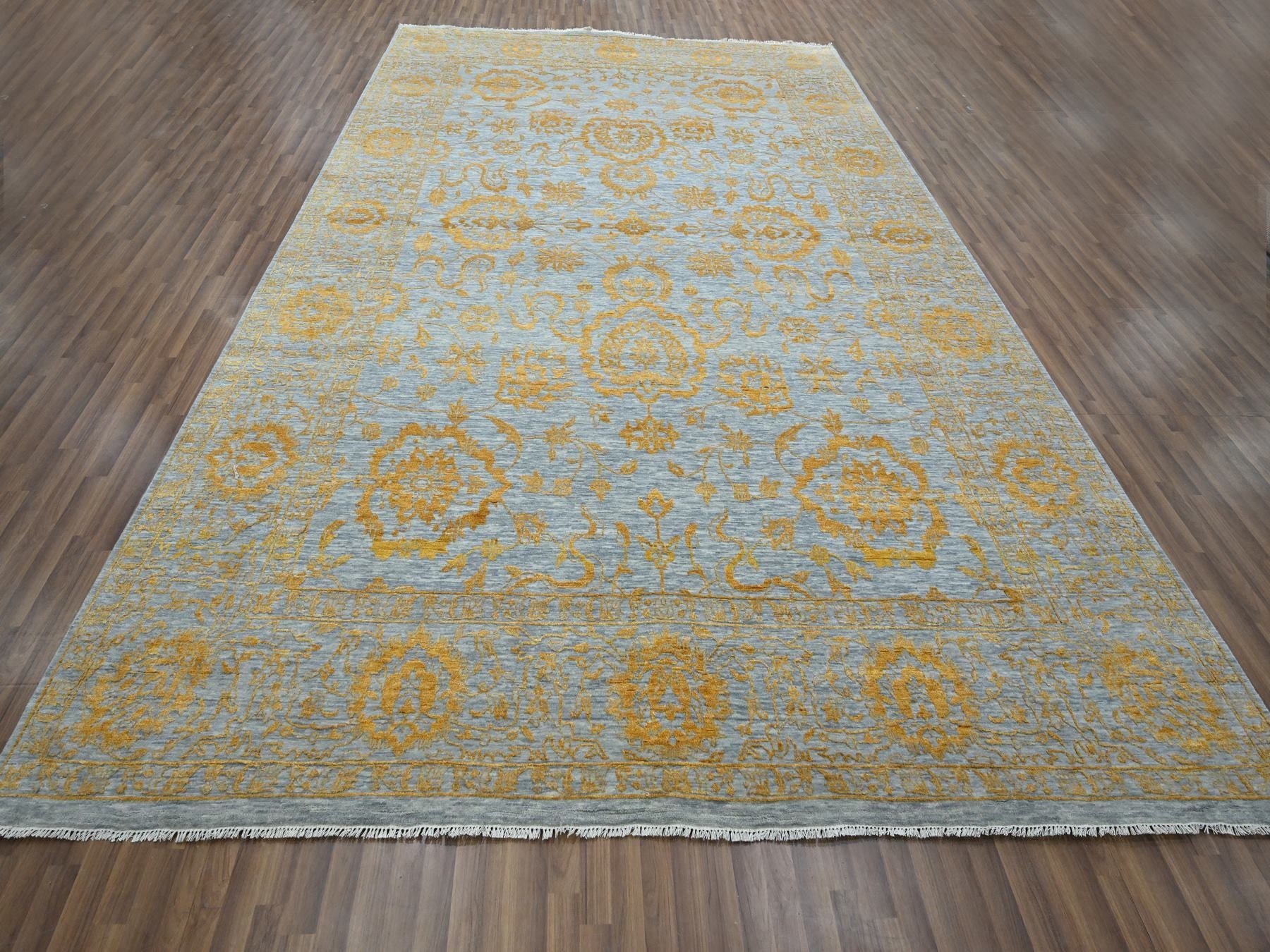 Transitional hand-knotted wool/silk rug in Yellow & Gold, 10' x 13'11" — SKU O076312 (view 2)