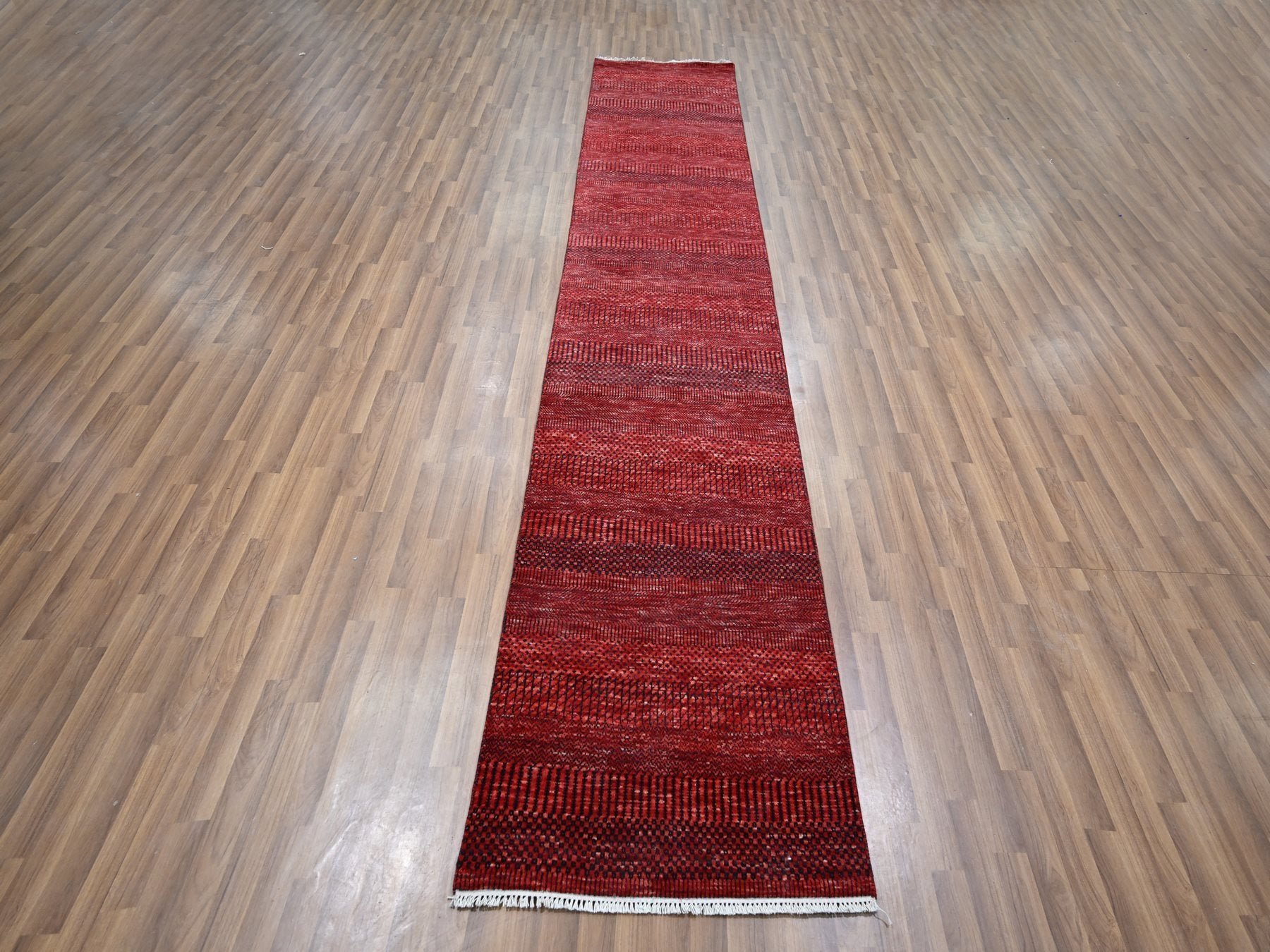 Modern / Contemporary hand-knotted wool/silk runner in Red, 2'6" x 11'10" — SKU O076317 (view 2)