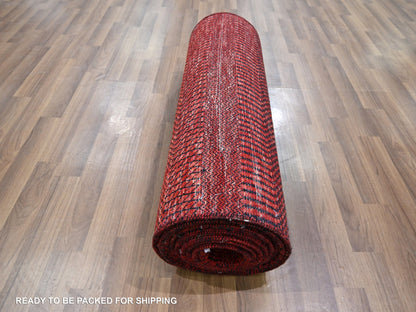 Modern / Contemporary hand-knotted wool/silk runner in Red, 2'5" x 13'11" — SKU O076318 (view 5)