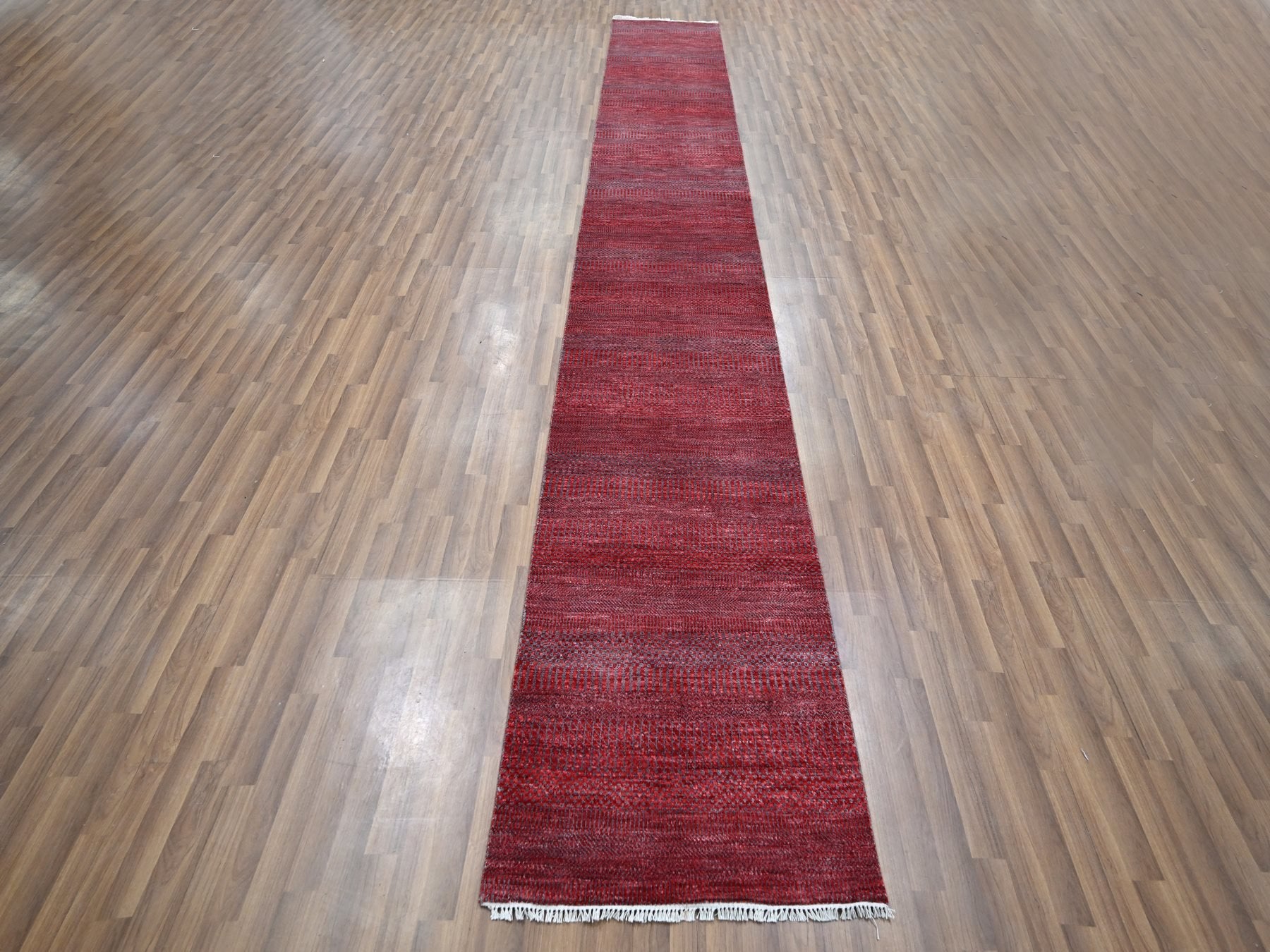 Modern / Contemporary hand-knotted wool/silk runner in Red, 2'6" x 16'3" — SKU O076320 (view 2)