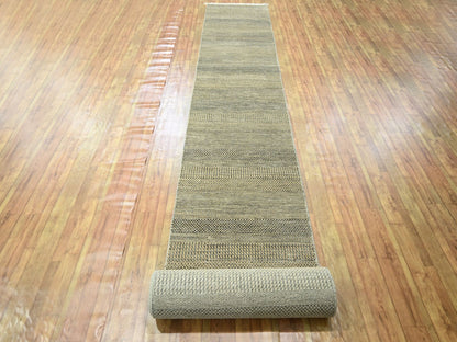 Brown 2'6" x 20'4" Modern / Contemporary Hand knotted Wool/Silk Rug - Sku: O076348