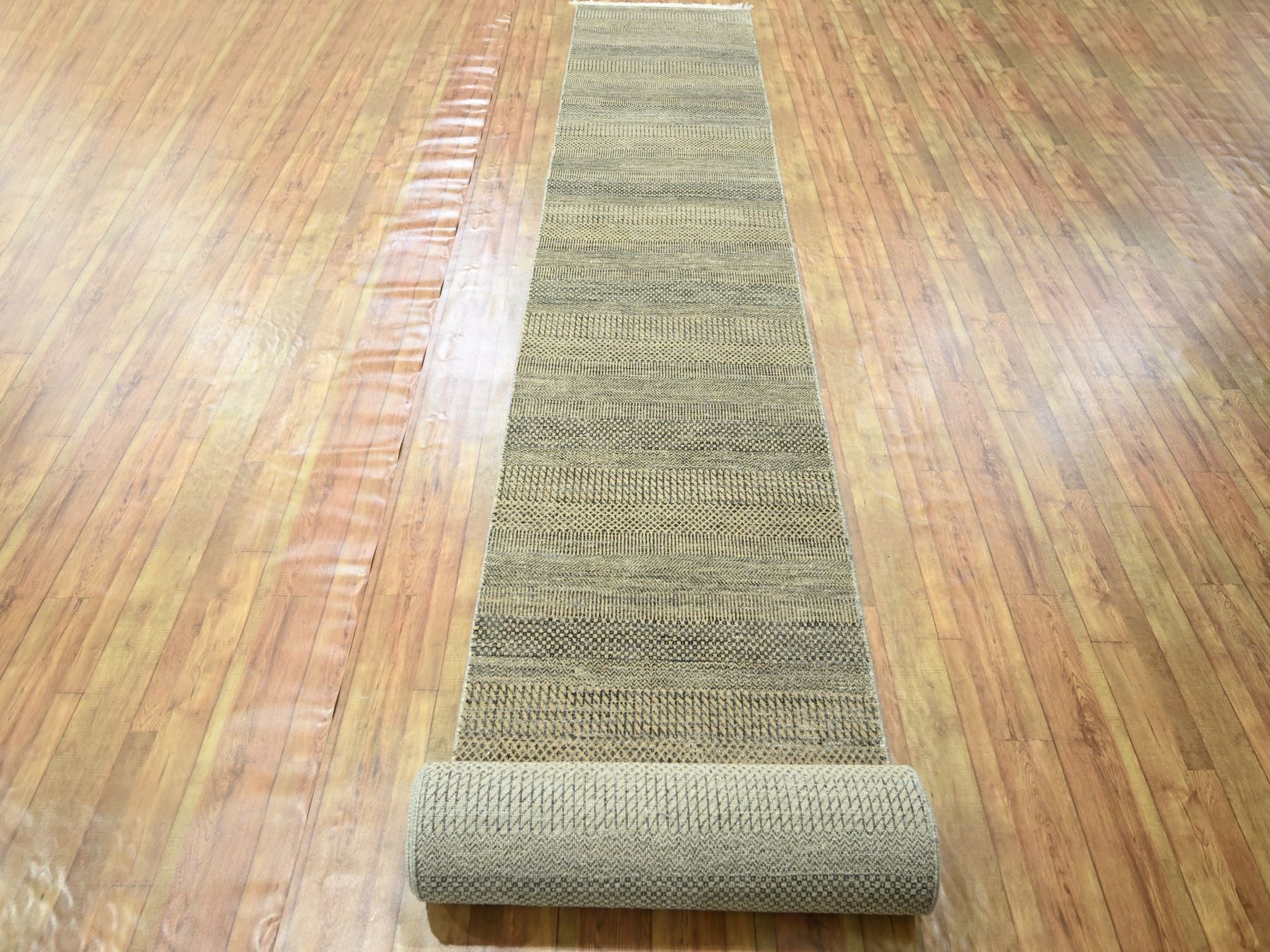 Modern / Contemporary hand-knotted wool/silk runner in Brown, 2'7" x 20'4" — SKU O076349 (view 2)
