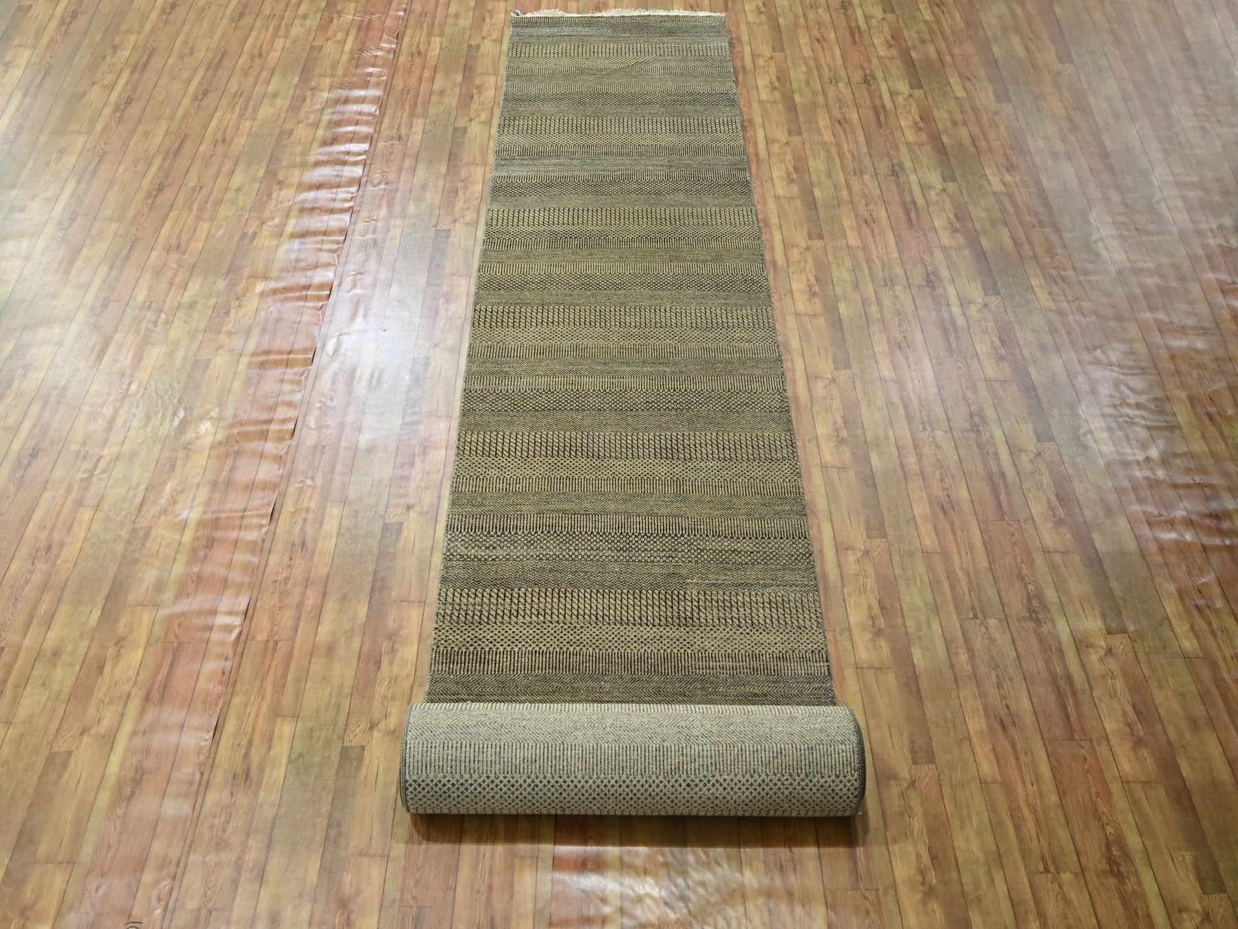Modern / Contemporary hand-knotted wool/silk runner in Brown, 3' x 21'10" — SKU O076350 (view 2)