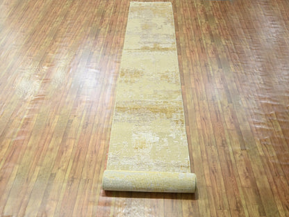 Modern / Contemporary hand-knotted wool/silk runner in Ivory, 2'6" x 19' — SKU O076352 (view 2)
