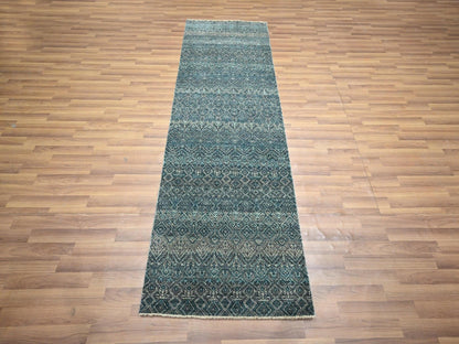 Blue 2'5" x 7'7" Modern and Contemporary Hand knotted Wool Rug - Sku: O076390