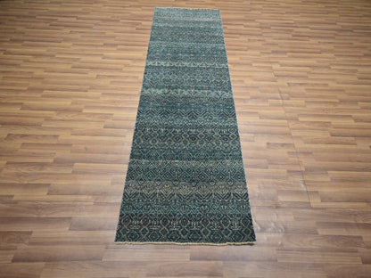 Blue 2'5" x 7'7" Modern and Contemporary Hand knotted Wool Rug - Sku: O076391
