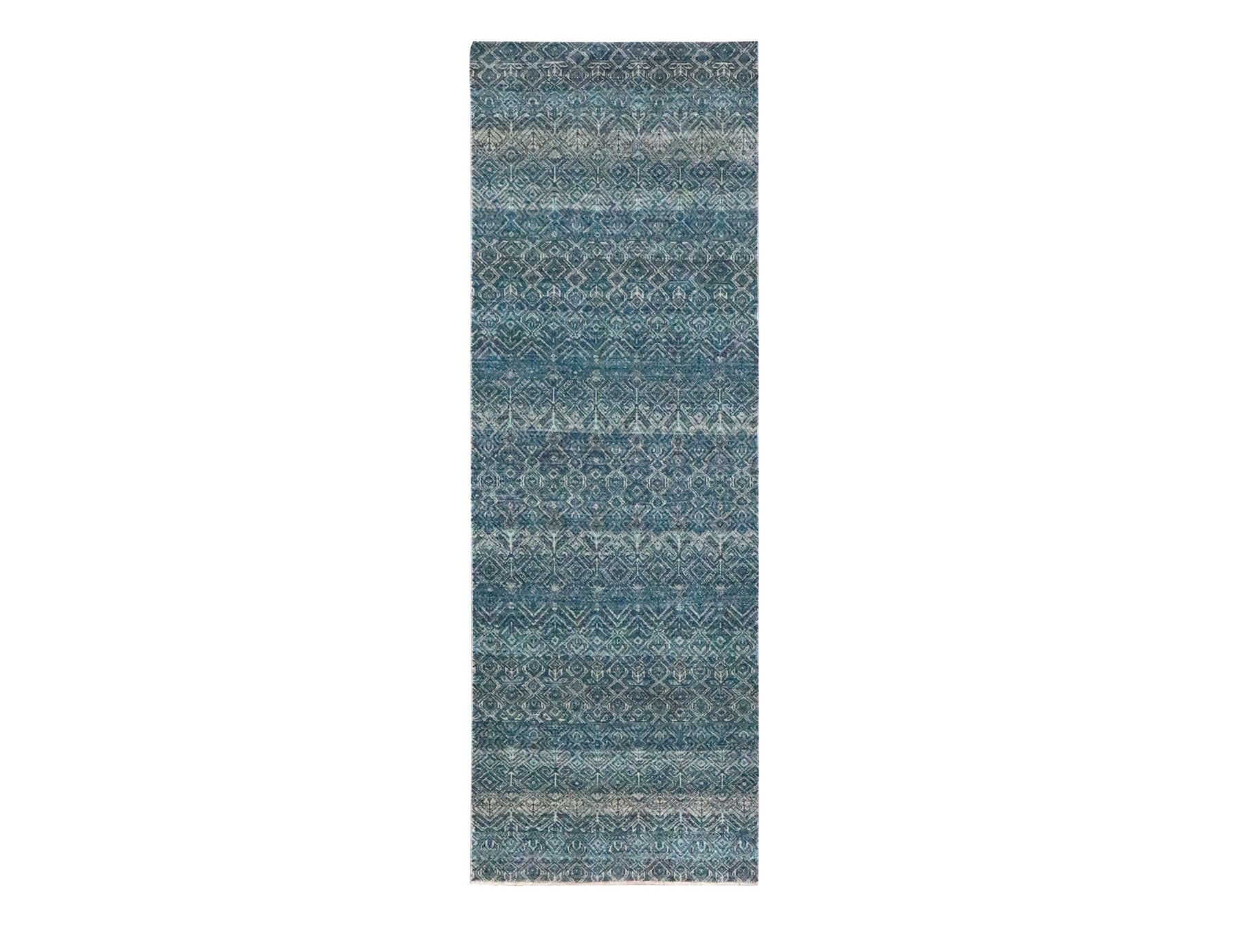 Blue 2'7" x 7'7" Modern and Contemporary Hand knotted Wool Rug - Sku: O076392